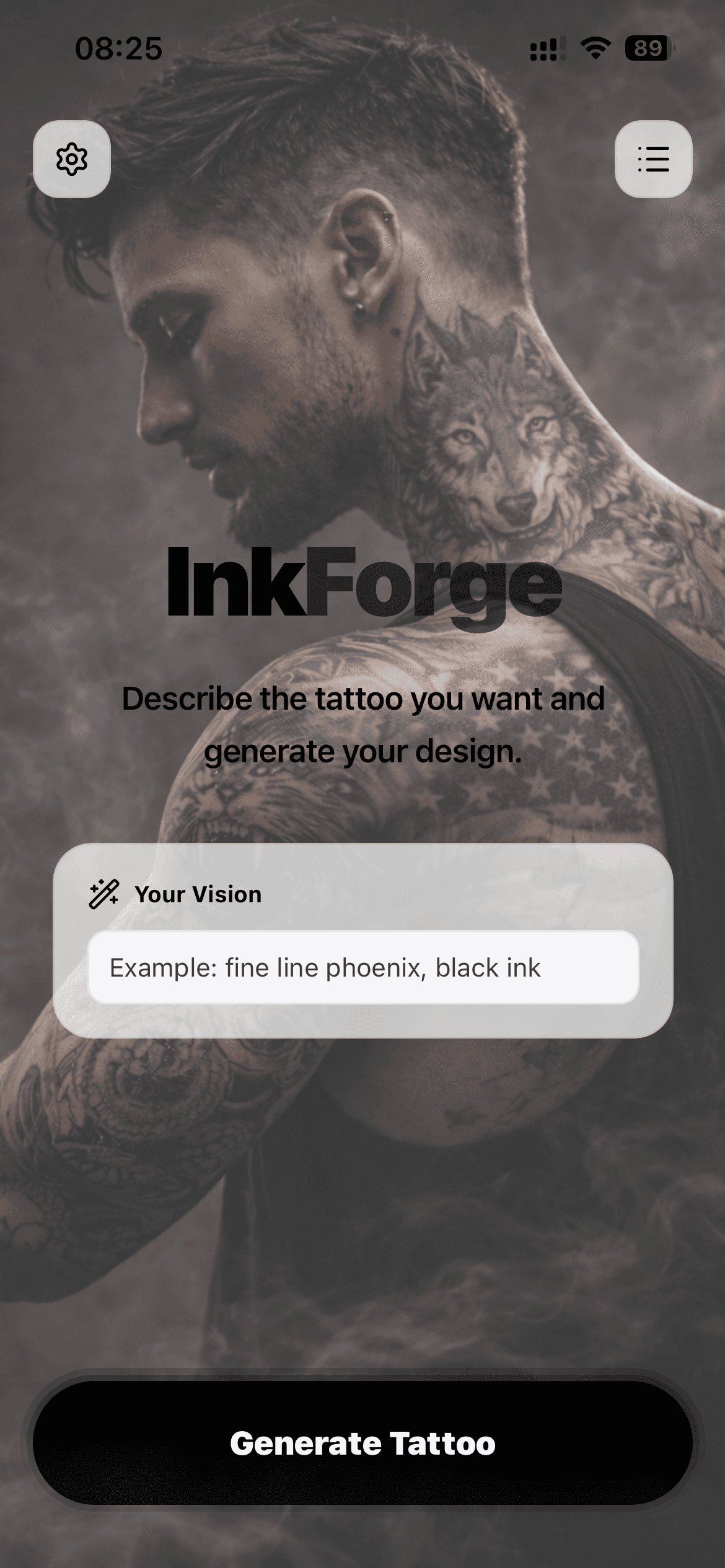 InkForge home screen with prompt and style suggestions
