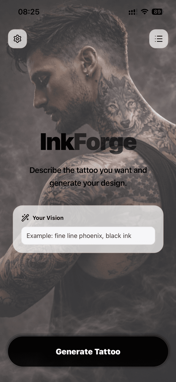 InkForge app preview with tattoo generation controls